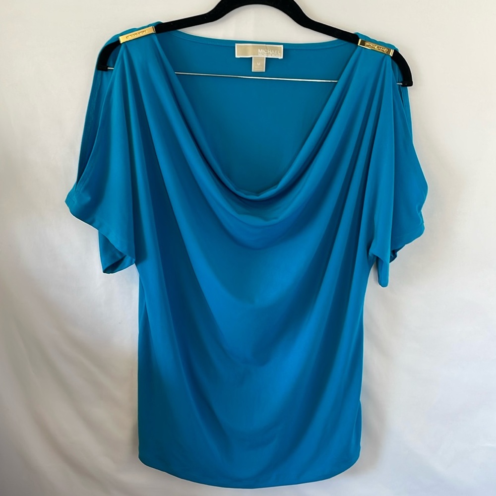 Michael kors blue blouse cold shoulder gold hardware draped‎ front size medium